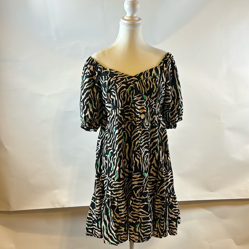 Nine West | Black Animal Print Smocked Off the Shoulder Mini Dress | Medium
